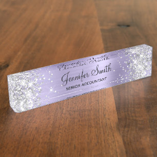 Glitterige zilveren bleke lavendel folie naambordje
