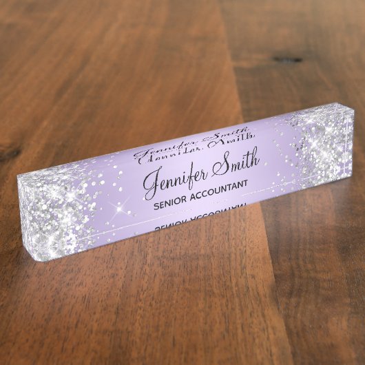Glitterige Zilveren Bleke Lavendel Gradiënt Naambordje (Zijkant)