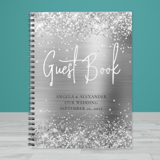 Glitterige Zilveren Bruiloftgastenboek met Glamour Notitieboek
