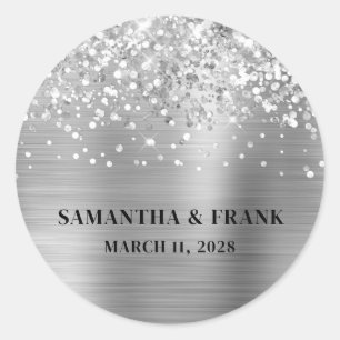 Glitterige Zilveren Folie Glam Bruiloft Ronde Sticker