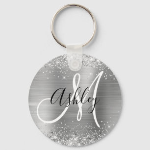 Glitterige Zilveren Folie Zwart en Wit Monogram Sleutelhanger