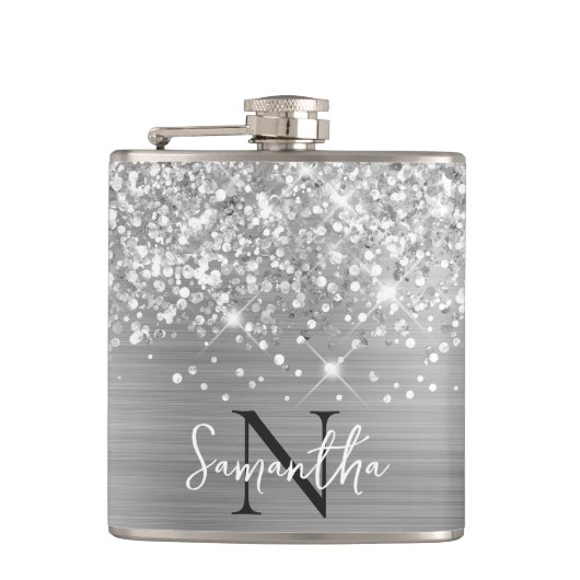 Glitterige Zilveren Glam Monogram Heupfles (Voorkant)