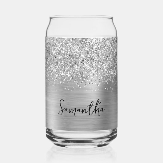 Glitterige Zilveren Glam Naam Blikvorm Glas (Voorkant)