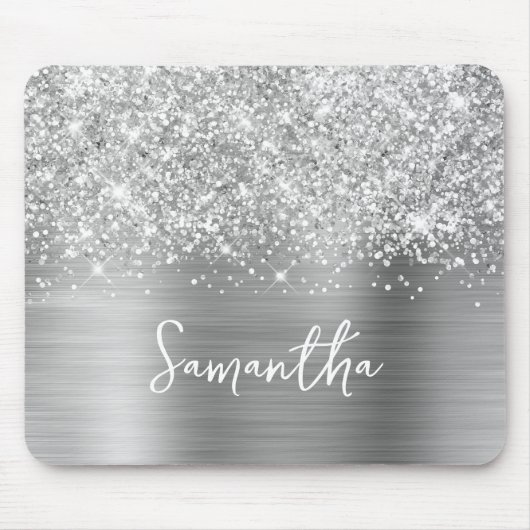 Glitterige Zilveren Glam Naam Muismat (Voorkant)