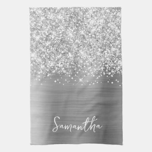 Glitterige Zilveren Glam Naam Theedoek (Verticaal)