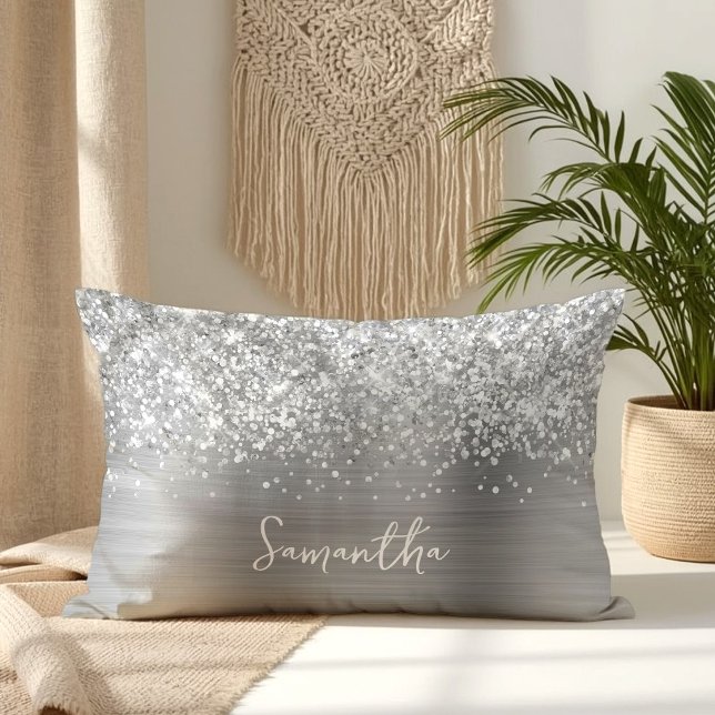 Glitterige Zilveren Glam Schriftnaam Kussen (Glittery Silver Glam Script Name Lumbar Pillow)