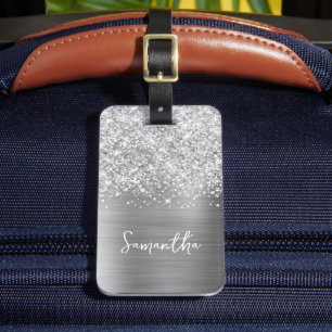 Glitterige Zilveren Glam Script Naam Bagagelabel