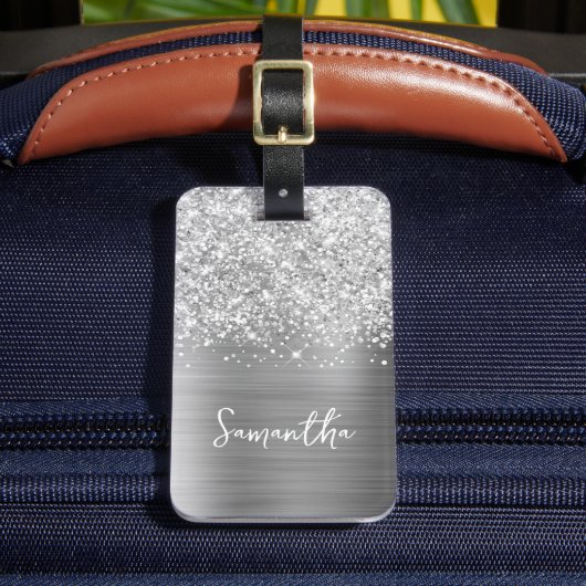 Glitterige Zilveren Glam Script Naam Bagagelabel (Voorkant Insitu 2)