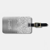 Glitterige Zilveren Glam Script Naam Bagagelabel (Voorkant horizontaal)