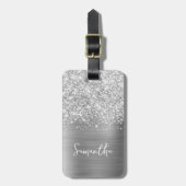 Glitterige Zilveren Glam Script Naam Bagagelabel (Voorkant verticaal)