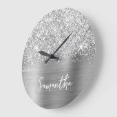 Glitterige Zilveren Glam Witte Script Naam Grote Klok (Hoek)