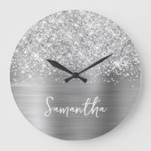 Glitterige Zilveren Glam Witte Script Naam Grote Klok (Voorkant)
