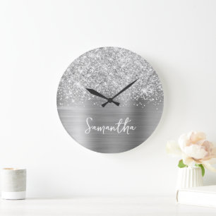 Glitterige Zilveren Glam Witte Script Naam Grote Klok