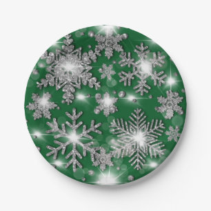 Glitterige zilveren groene feestelijke sneeuwvlok  papieren bordje