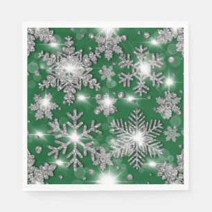 Glitterige zilveren groene feestelijke sneeuwvlok servet