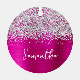 Glitterige Zilveren Heet Roze Glam Naam Metalen Ornament