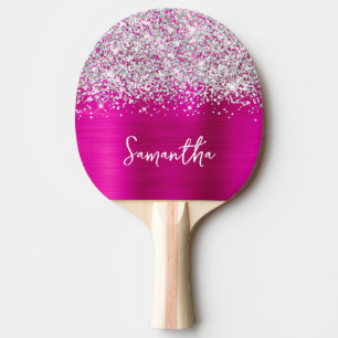 Glitterige Zilveren Heet Roze Glam Naam Tafeltennisbatje