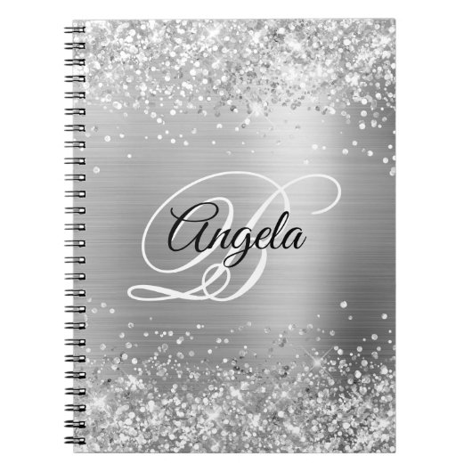 Glitterige Zilveren Metallic Fantasie Monogram Notitieboek (Voorkant)
