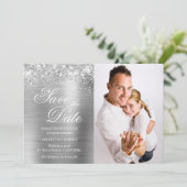Glitterige Zilverfolie Foto Save The Date (Staand voorkant)