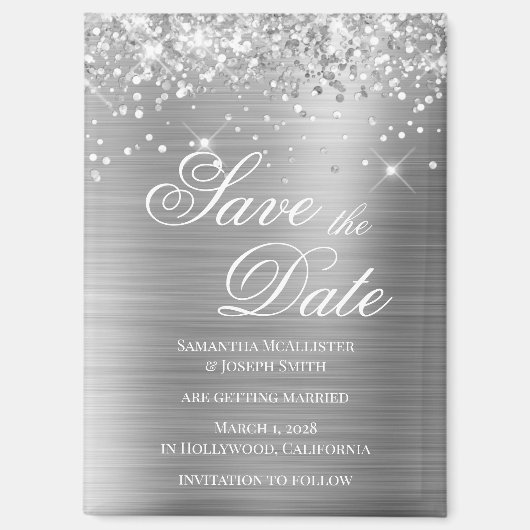 Glitterige Zilverfolie Save the Date Magneet (Voorkant)
