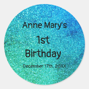 Glitterij Blauwgroen Blauw Groen Eerste 1e Verjaar Ronde Sticker