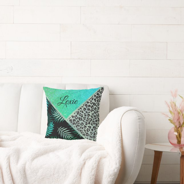 Glitterij Blauwgroen tropische luipaard print gepe Kussen (Bank)