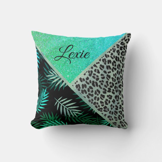 Glitterij Blauwgroen tropische luipaard print gepe Kussen (Voorkant)