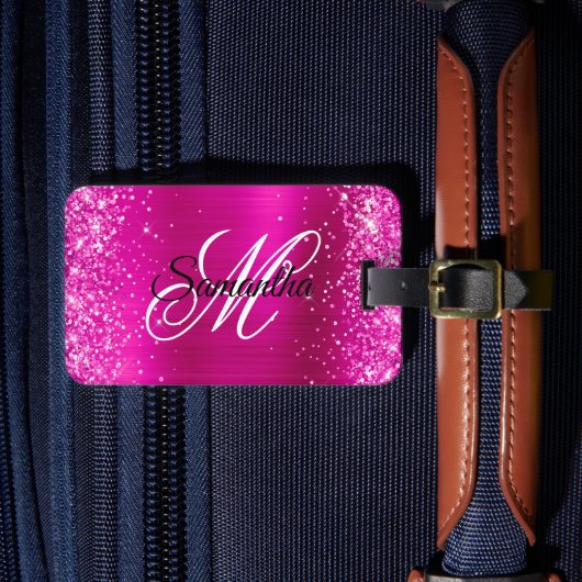 Glitterij Heet Roze Folie Fancy Monogram Bagagelabel (Voorkant Insitu 4)