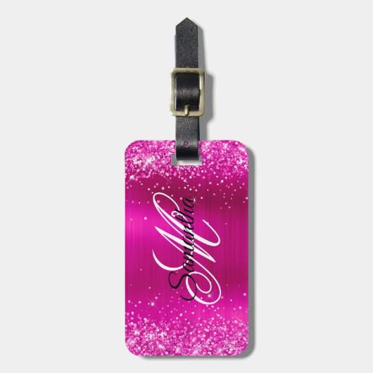 Glitterij Heet Roze Folie Fancy Monogram Bagagelabel (Voorkant verticaal)