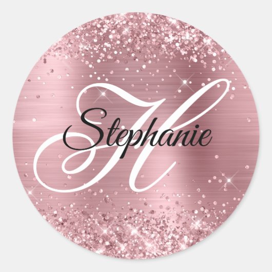 Glitterij Lichtroze Folie Fancy Monogram Ronde Sticker (Voorkant)