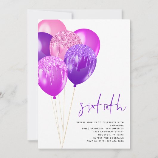 Glitterij Mauve Fuchsia ballonnen 60e verjaardag Kaart (Voorkant)