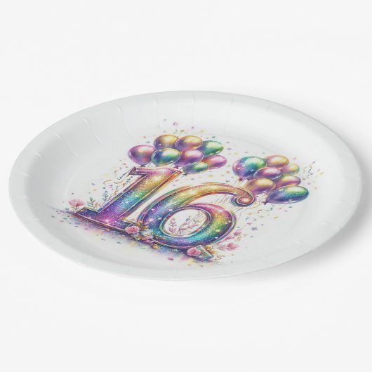 Glitterij nummer 16 met ballonnen en Confetti Papieren Bordje (Gekanteld)