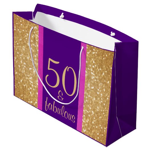 Glitterij Paarse & Roze 50 & Fabulous 50ste Verjaa Groot Cadeauzakje (Achterkant Gekanteld)