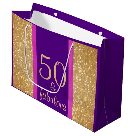 Glitterij Paarse & Roze 50 & Fabulous 50ste Verjaa Groot Cadeauzakje (Voorkant Gekanteld)