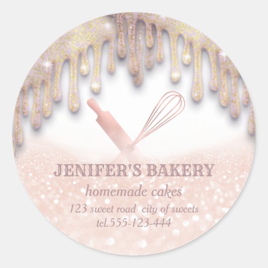 Glitterij roos gouden rolpen en whiskychefbakkersw ronde sticker (Voorkant)