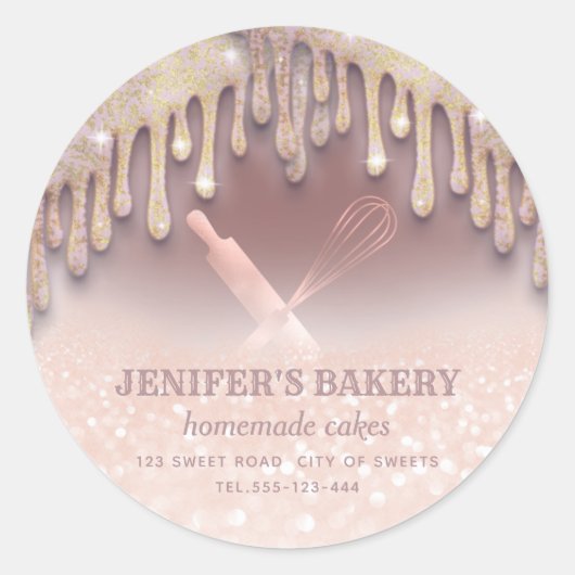 Glitterij roos gouden rolpen en whiskychefbakkersw ronde sticker (Voorkant)