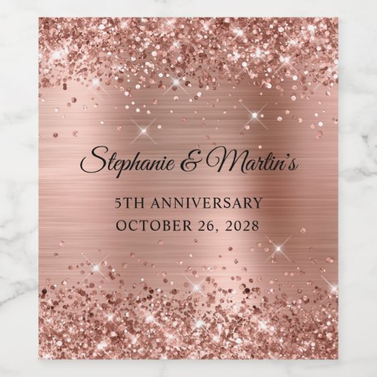 Glitterij Roos Goudfolie 5e bruiloft Jubileum Wijn Etiket (Enkel label)