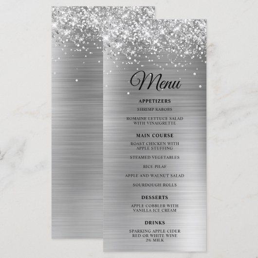 Glitterij Zilveren Folie Bruiloft Receptie Menu (Voorkant / Achterkant)