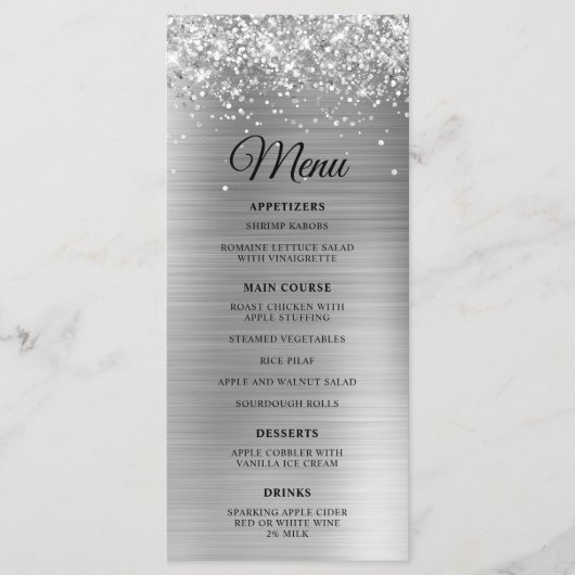 Glitterij Zilveren Folie Bruiloft Receptie Menu (Voorkant)