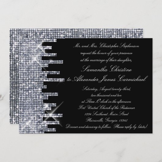 Glitterij Zwart/Zilveren Glamour Bruiloft Uitnodig Kaart (Voorkant / Achterkant)