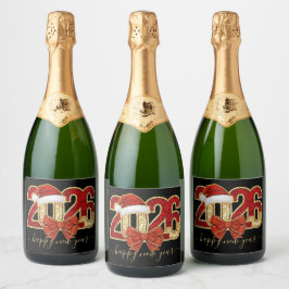 Glittering 2026 New Year Design with Santa Hat  Sparkling Wijnetiket