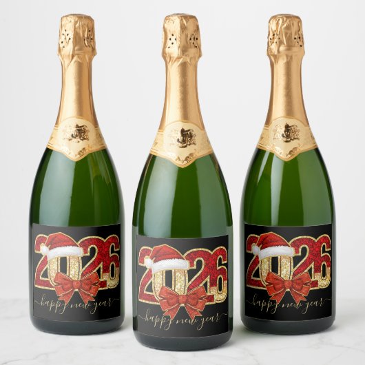 Glittering 2026 New Year Design with Santa Hat  Sparkling Wijnetiket (Flessen)
