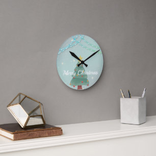 Glittering Blue Background met kerstboom Ronde Klok