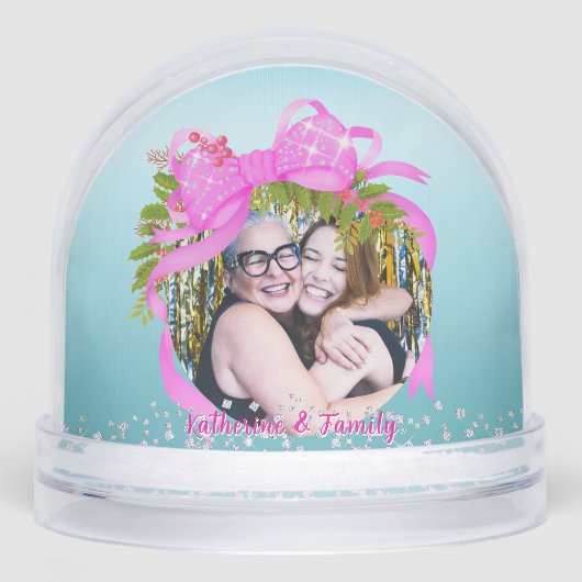 Glittering Christmas Pink Bow Photo Blue Sneeuwbol (Voorkant)