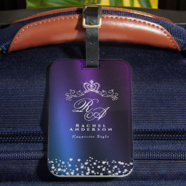 Glittering Crown Monogram Paarse Blauw Bagagelabel