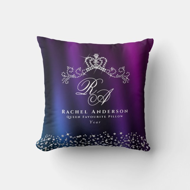 Glittering Crown Monogram Paarse Blauw Kussen (Voorkant)