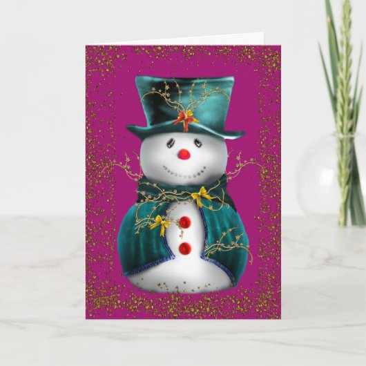 Glittering Green Velvet Snowman Pink Christmas Kaart (Voorkant)