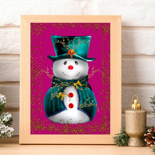 Glittering Green Velvet Snowman Pink Christmas Kaart