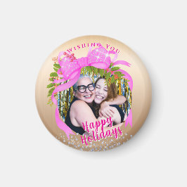 Glittering Pink Ribbon Christmas Gold Magneet