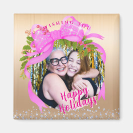 Glittering Pink Ribbon Christmas Gold Magneet